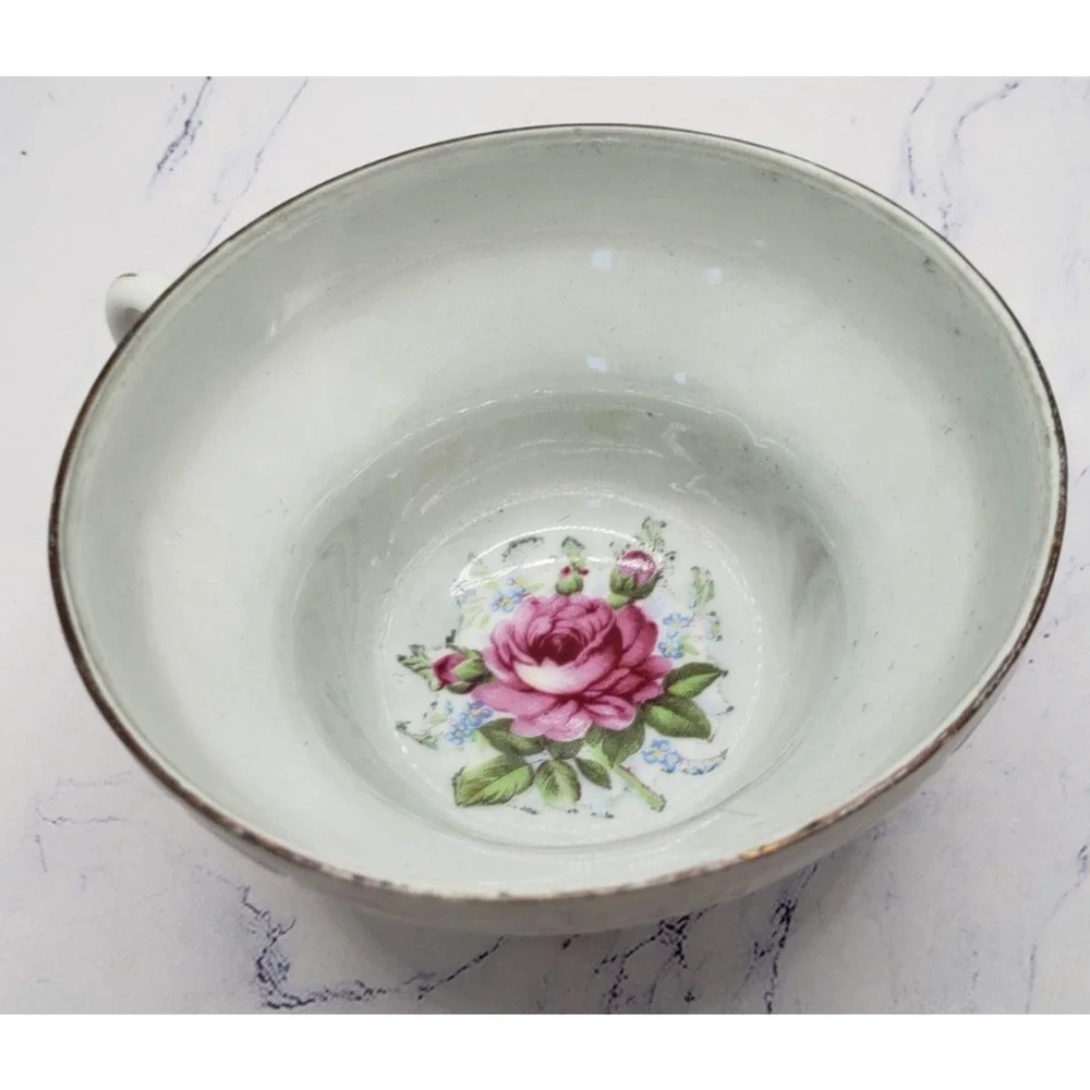 Porcelain Lusterware Pink Rose With Gold Trim Footed Teacup & Saucer Set